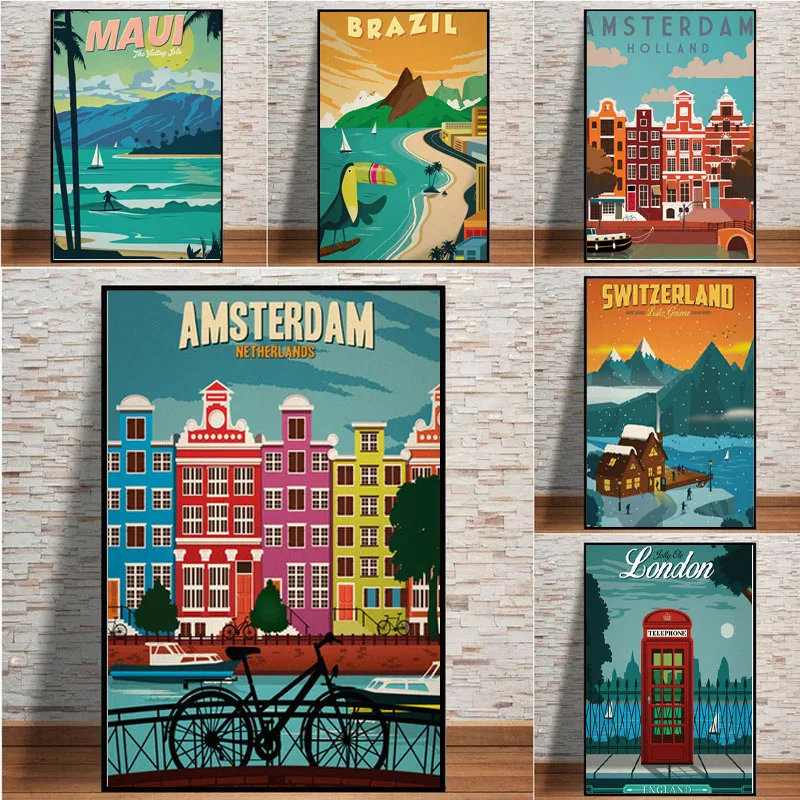 

Hd Print New York Netherlands Amsterdam London Canvas Painting Vintage Travel Cities Landscape Posters Wall Art Picture Decor