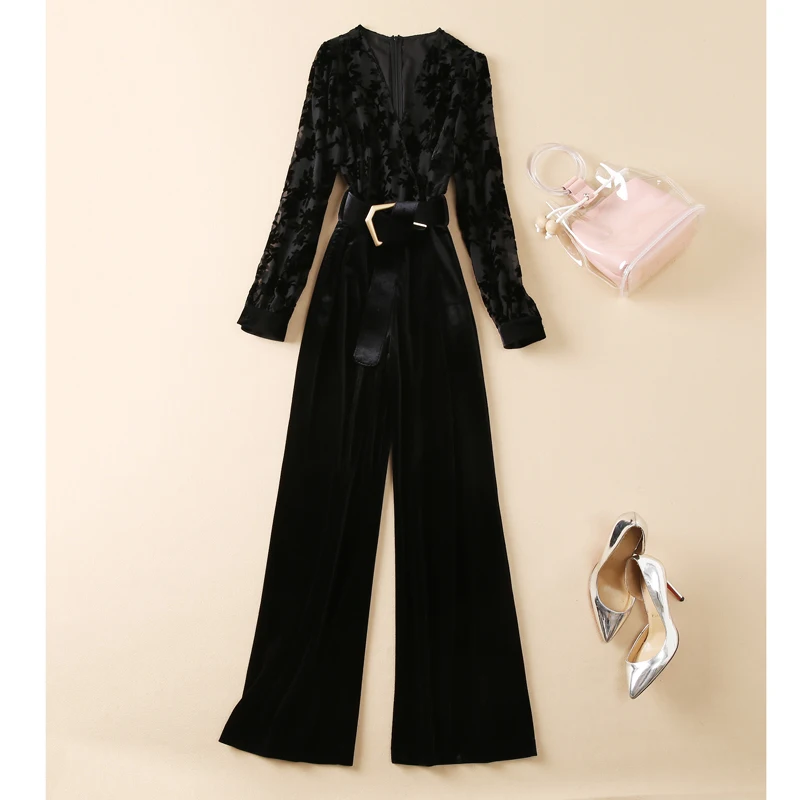 

Fashion Designer 2021 Autumn Jumpsuits Fashion Runway Black Lace velvet Patchwork Belt Slim Elegant Jumpsuit