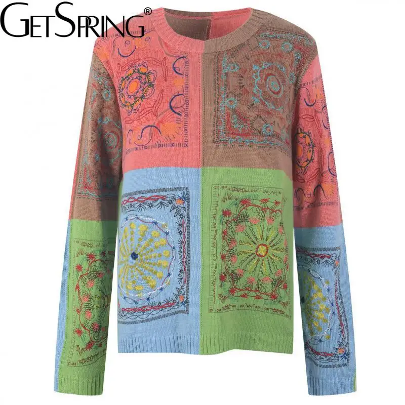 

Getspring Women Sweater Embroidery Printing Pullover Sweaters O-neck All Match Casual Loose Knitting Tops Autumn Women Clothing