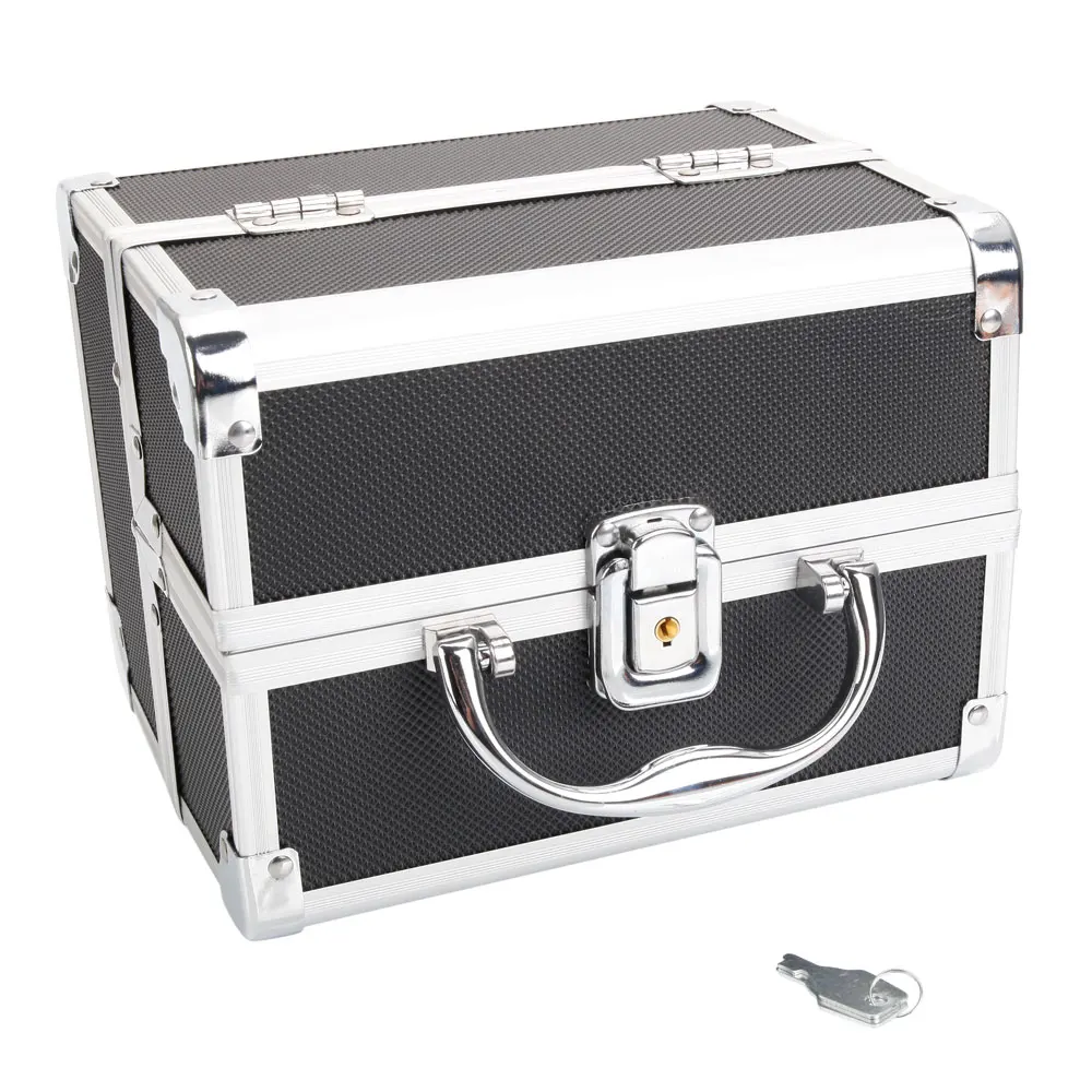 Portable Diamond Texture Aluminum Makeup Storage Bag with Mirror & Key Black