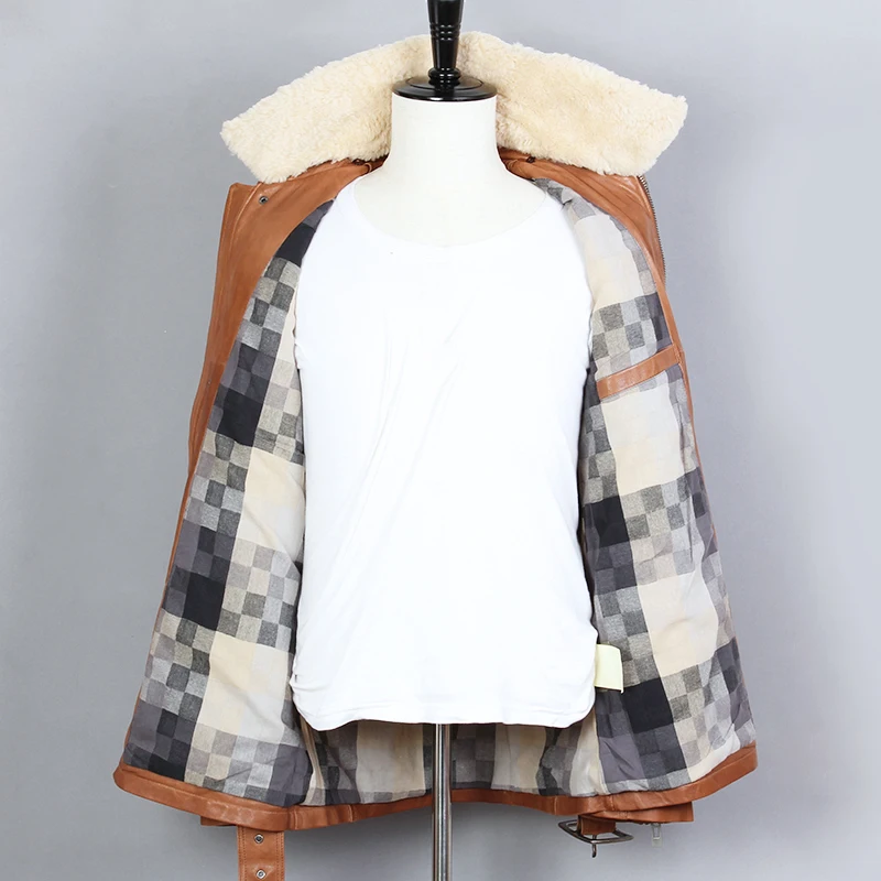 

Mans Casual Lambswool Genuine Leather Men Multi-pocket Fur Collar Sheepskin Winter coat Slim Fit Long Bomber Jacket