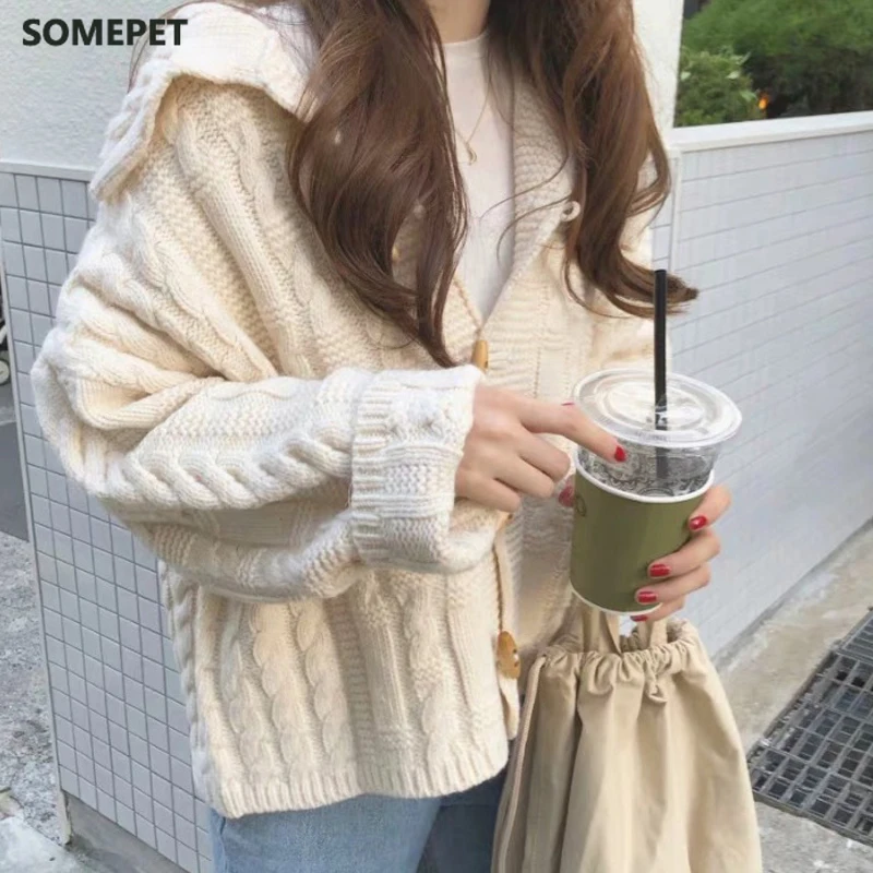 

Sweaters Women Autumn and Winter Popular Chic Lady Cardigans Casual Knitting Pure Harajuku Long Sleeve Preppy Ins Simple Retro