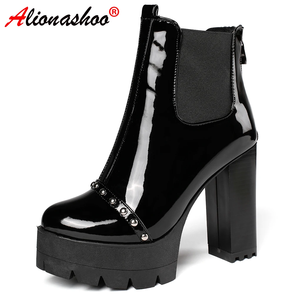 

Aliona Shoo/модные женские ботильоны на платформе, эластичные ботинки Осенняя женская обувь на высоком каблуке черная лакированная кожа, размер...