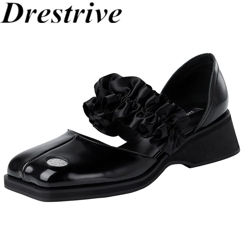 

Drestrive Women Pumps Patent Leather Black Square Toe Pleated 2021 Summer Fashion Thick High Heel Shoes Mary Janes Sweet