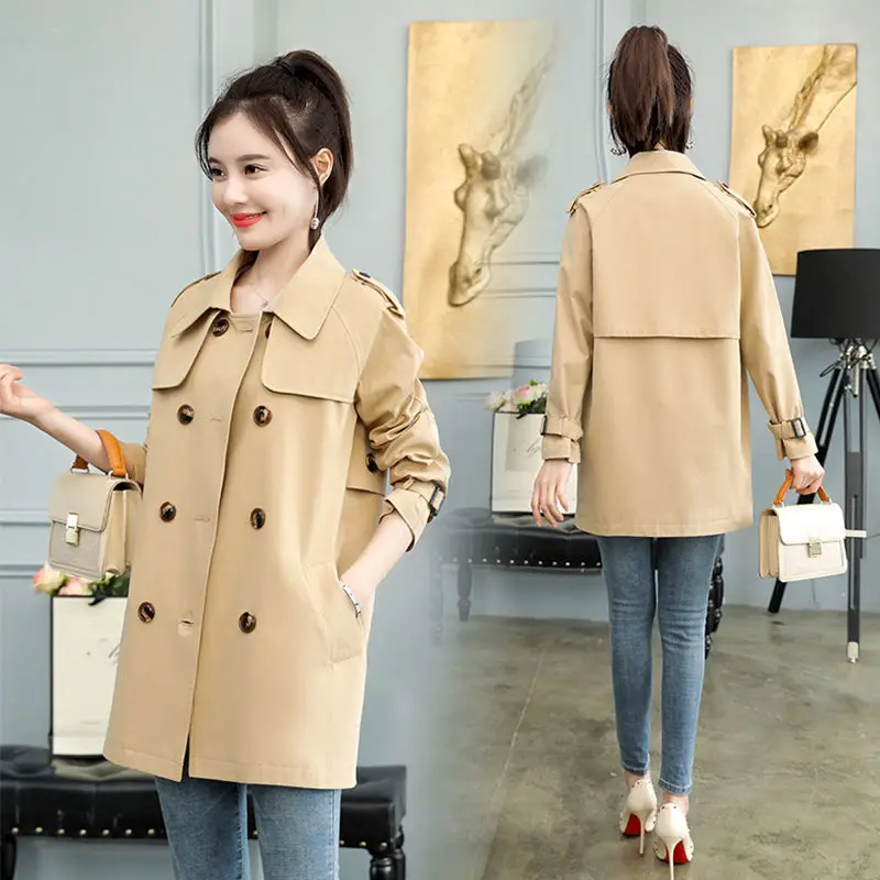 Женский двубортный Тренч свободное однотонное пальто средней длины в Корейском