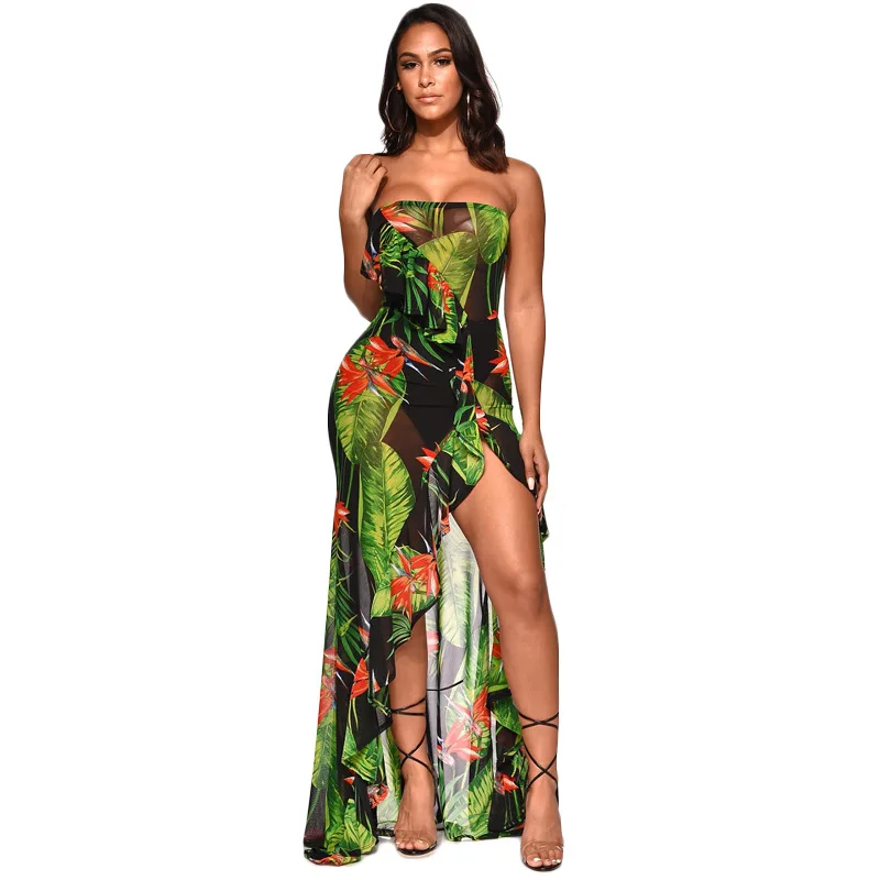 

Leaf Flower Print Maxi Dress women summer 2021 new Off Shoulder High Split Sheer Mesh Irregular Ruffles Long Party Dresses