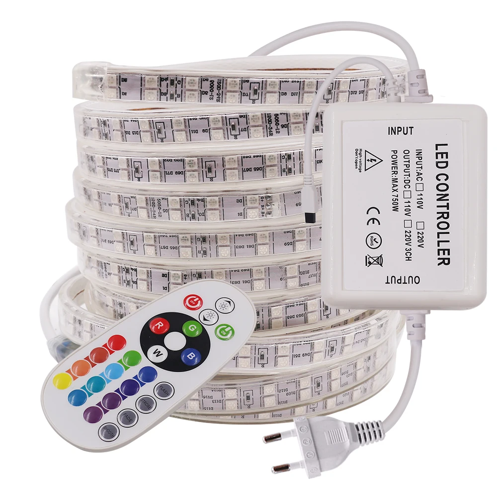 Super Bright 5050 RGB LED Strip Light 120led 220V Remote Control Waterproof Led Tape Rope Flexible Home Decoration | Лампы и освещение