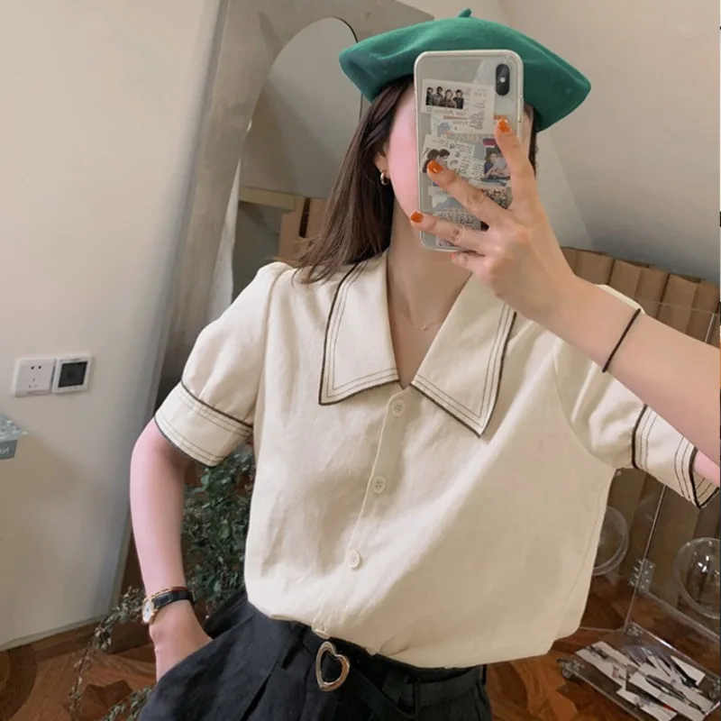 

French Short-sleeved Blouse Lapel Temperament Age-reducing Linen Blouse Summer 2021 Thin Section Wild Self-cultivation Wm*