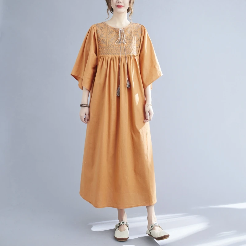 

50/90KG Summer Women Dress Large Size Embroidered A Line Bat Sleeve Round Neck Long Dresses Short Sleeve Pullover Commuter Robe