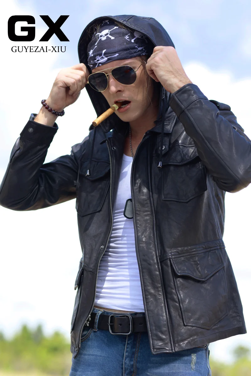 

men's 2021 New hooded leather men Black Vegetable tanning sheepskin flight casual pilot jacket autumn windbreaker