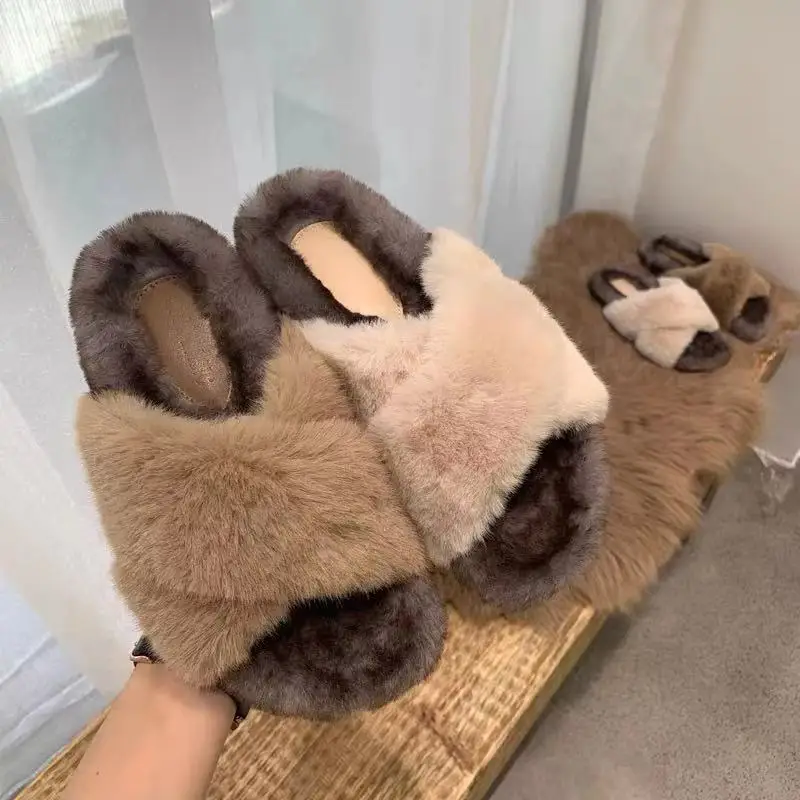 

Тапки женские плюшевые из ПУ кожи, на плоской подошве