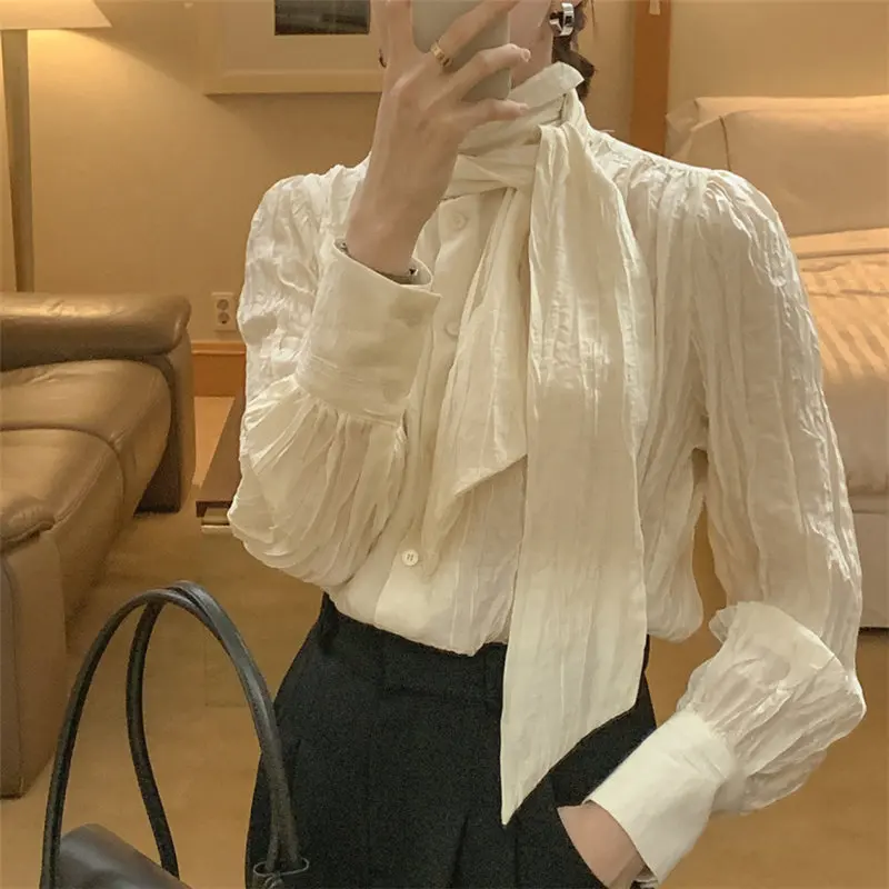 

HziriP Beige Pleated Office Lady Large Size Tops Pullovers Streetwear Stylish Women OL Solid High Quality Chic Loose Blouses