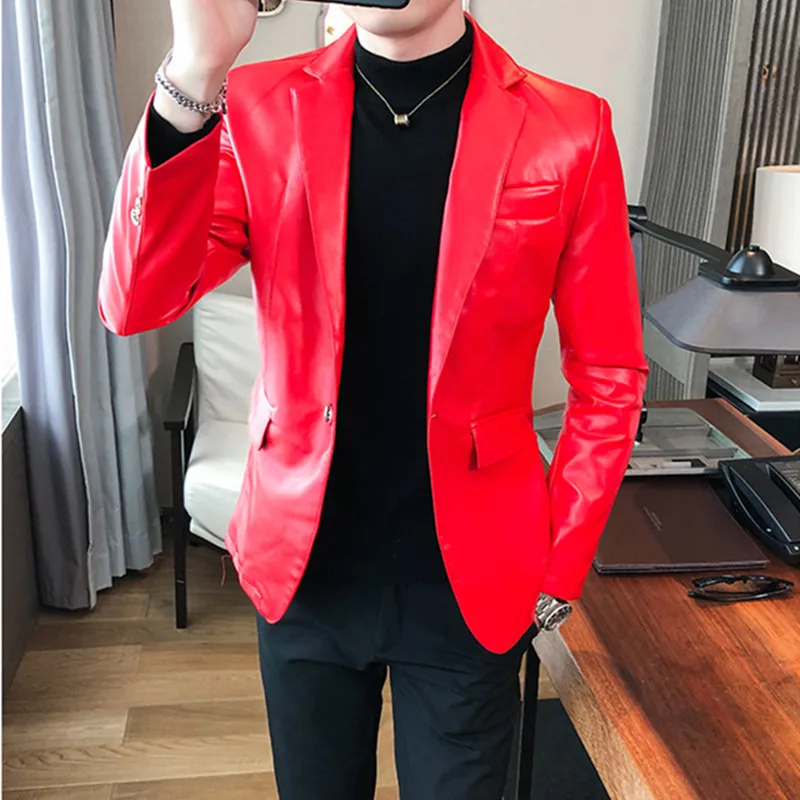 

2021 New Men's Korean Slim Suit Leather Jacket Fashion Business Casual Men's Pure Color Artificial Leather Suit coat Brand male