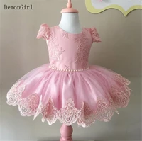 cute pink baby girl birthday dresses lace appliques little princess knee length party gown big bow photoshoot