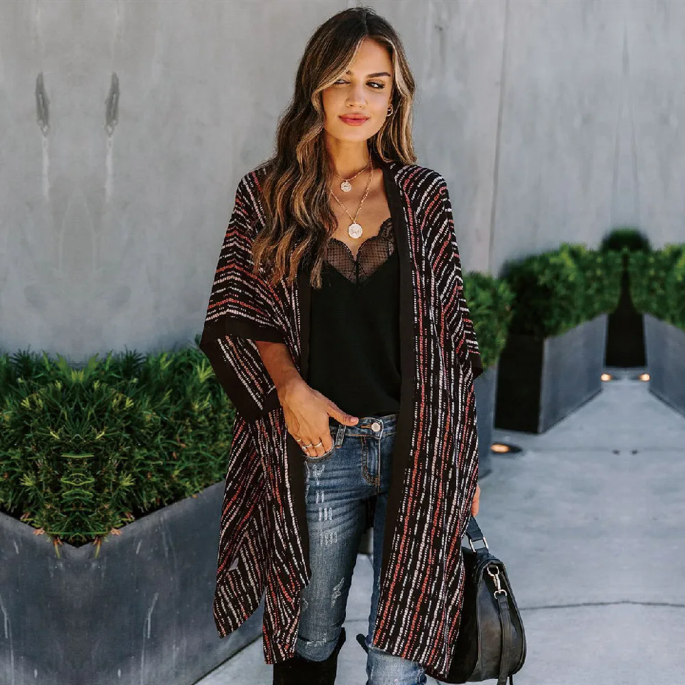 

2021 Vintage Striped Chiffon Kimono Elegant Summer Clothing Plus Size Women Tops and Blouses Shirts blusas mujer de moda A820
