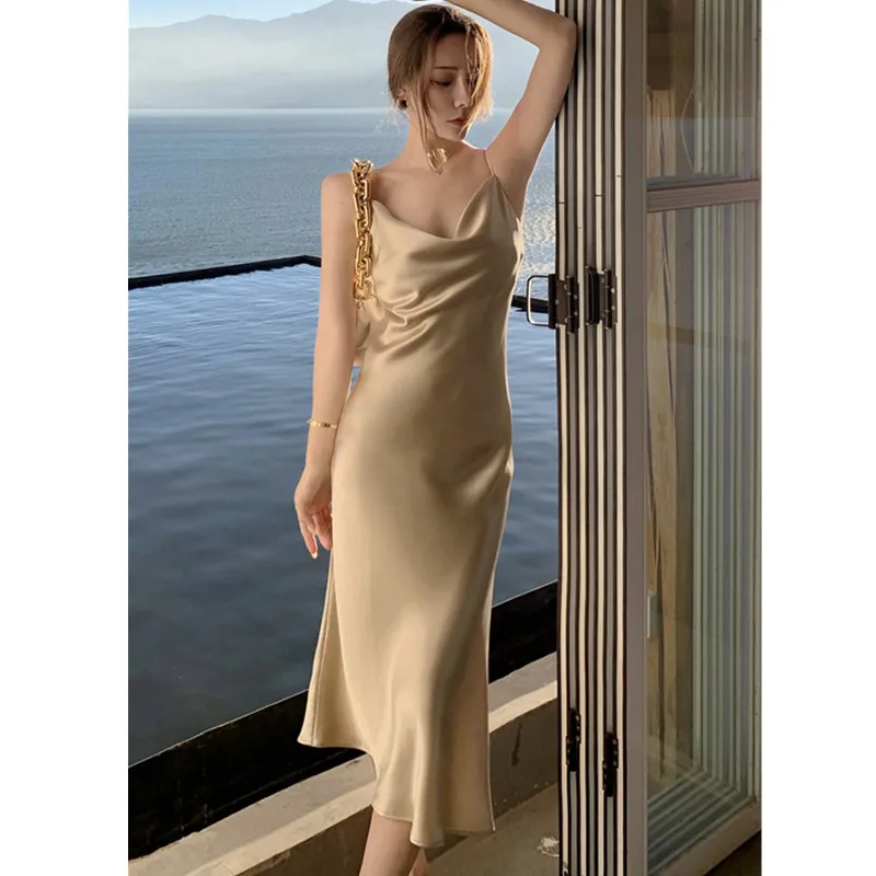 

Real Shot 2021 New Fashion Ladies Silk Slim Satin Suspender Dress Female Long