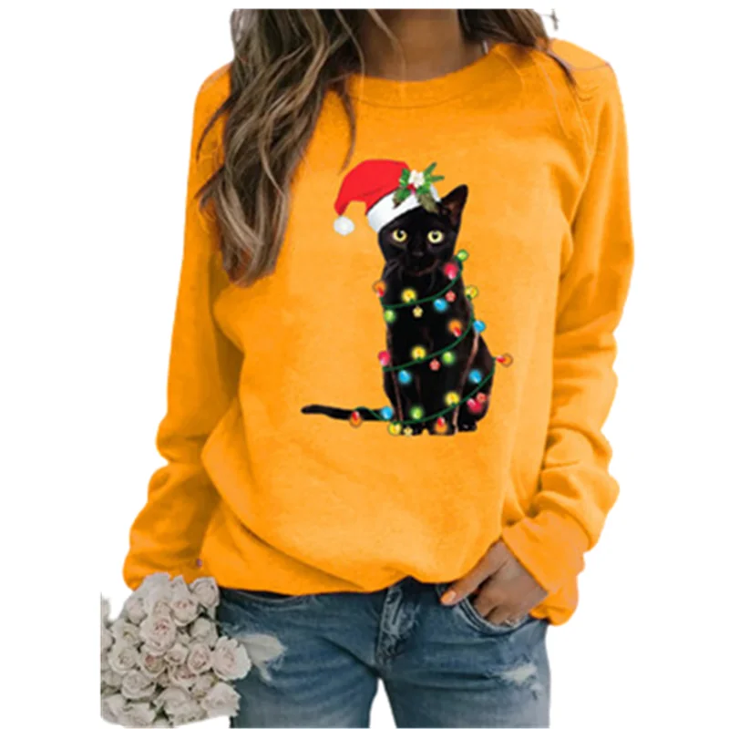

Women Sweatshirt Christmas Cat Printed Pullover Autumn Casual Long Sleeve O-Neck Loose Hoodie Fashion Ladies Streetwear Tops