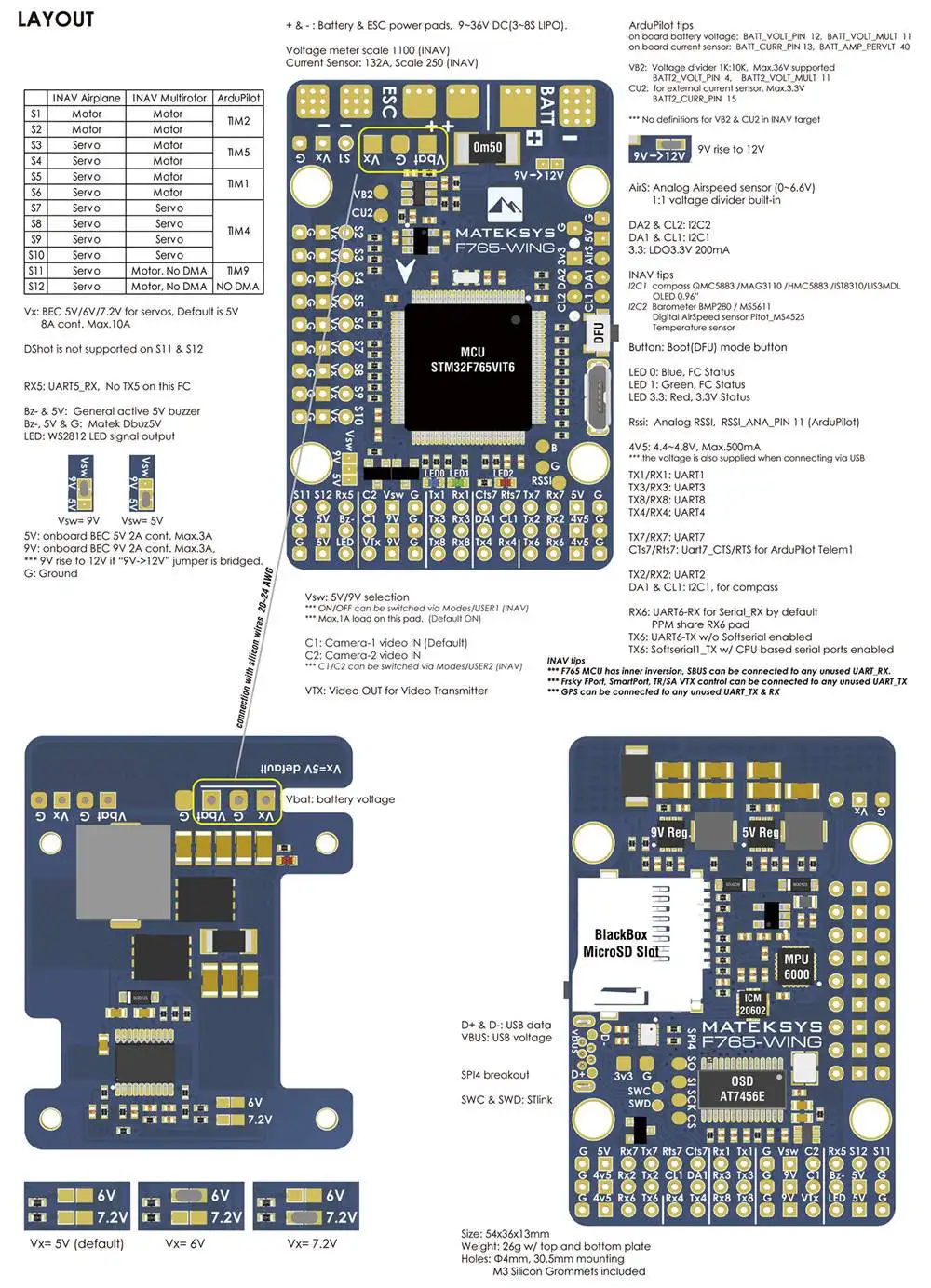 Matek Systems F765-WING STM32F765VI игровые джойстики со встроенным серверный компьютером с экранным меню для RC Самолет с неподвижным крылом