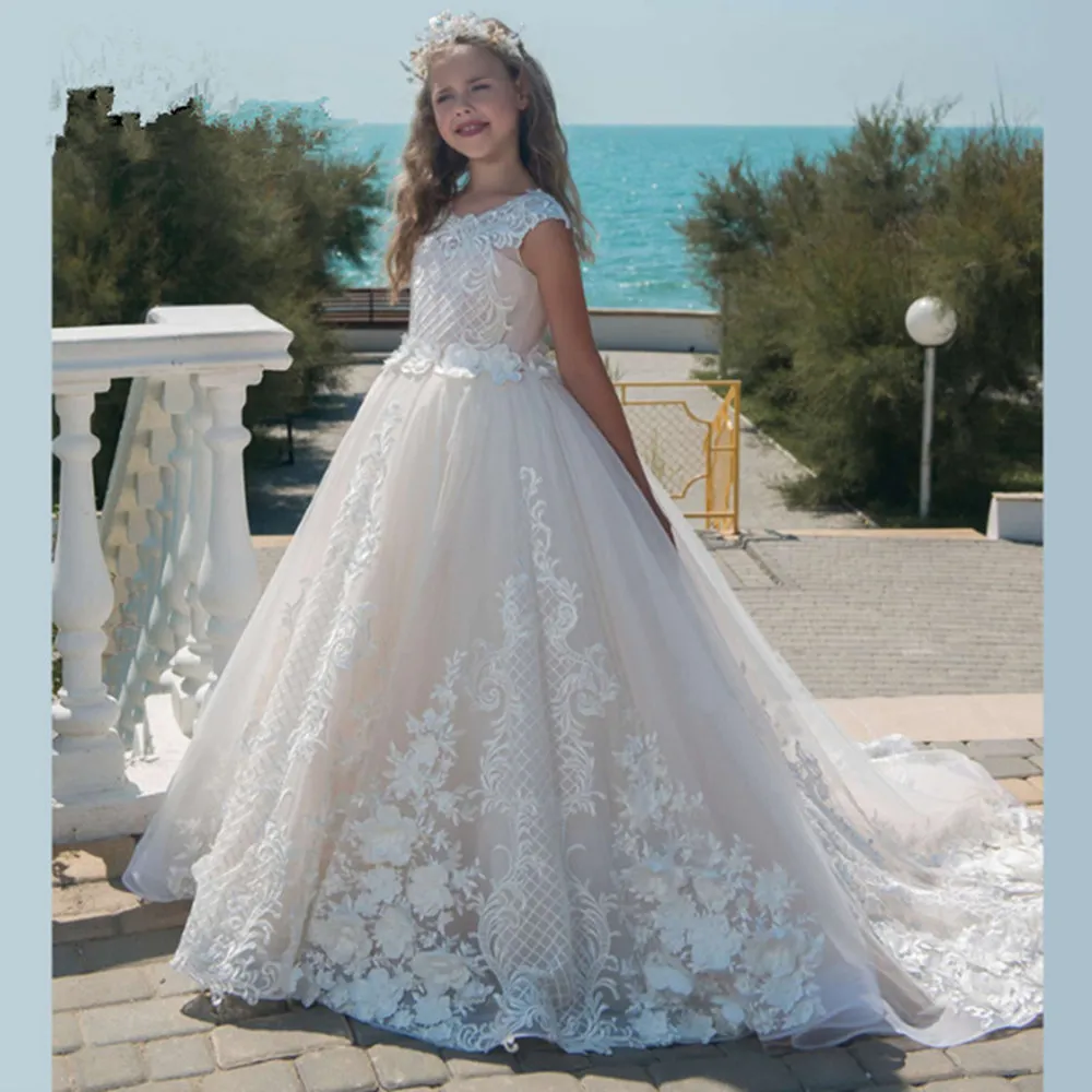 

white ivory Flower Girls Dress Lace Appliques Tulle Floor Length Backless First Communion fluffy party Dresses