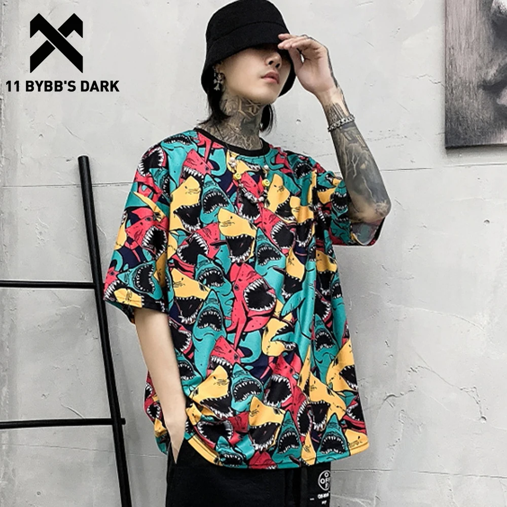 11 BYBB'S DARK хип хоп Уличная Футболка мужская Harajuku 2020 Цветные Блоки Акула граффити