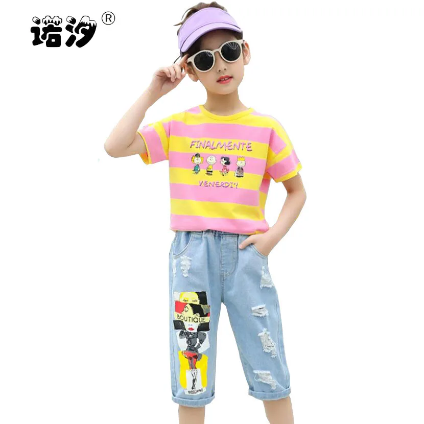 

Girls clothes sets kids summer cotton t shirt+pant 2pcs baby girl jeans teenage jeans cartoon children fashionable clothing sets