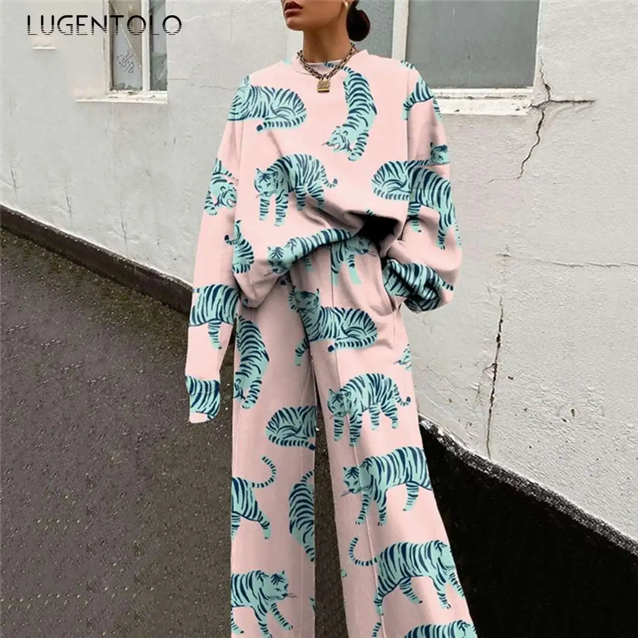 

Lugentolo Women Two-piece Set Long Sleeve O-neck Spring Summer Tops Loose Female Casual Print Wide Leg Pants Fashion Sets