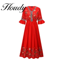 summer new womens fashion solid color round neck flower embroidery ethnic wind waist belt long flared sleeve red dress