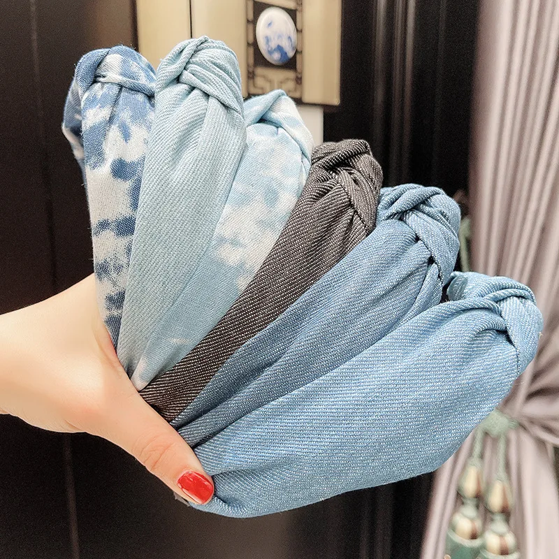 

Europe Cross Hairbands Women Boho Demin Headwear Mid Knot Solid Bezel Elastic Make Hair Accessories Female Dye Tie Headdress