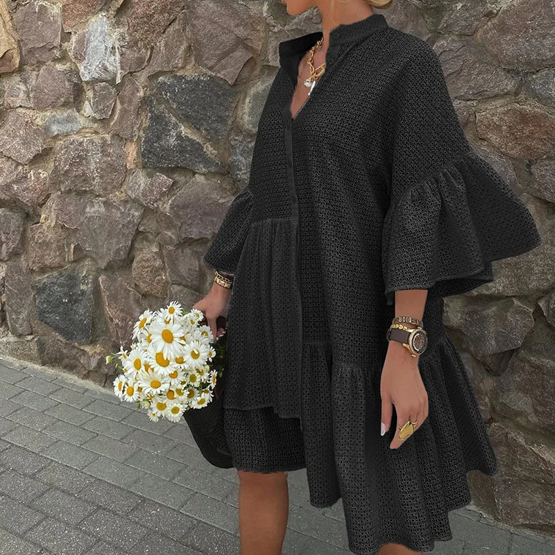 

Sexy Mesh See Through Shirt Dress Summer Three Quarter Sleeve Solid Black Mini Dress Loose V Neck Flare Sleeve Ruffle Dresses