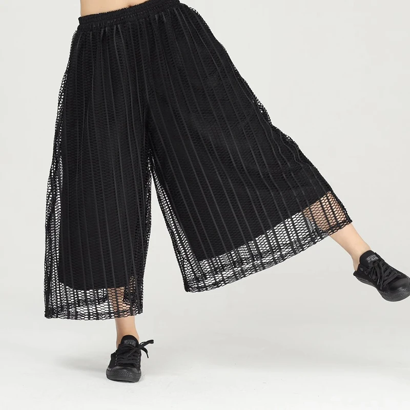 

CHICEVER Casual Patchwork Mesh Pants For Women Hit Color Hollow Out Loose Wide Leg Pants Female 2021 Spring Clothing Fashion New