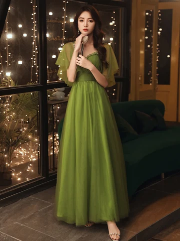 New flared sleeve 130cm grass green girl lady princess banquet bridesmaid performance dance ball dress gown free ship