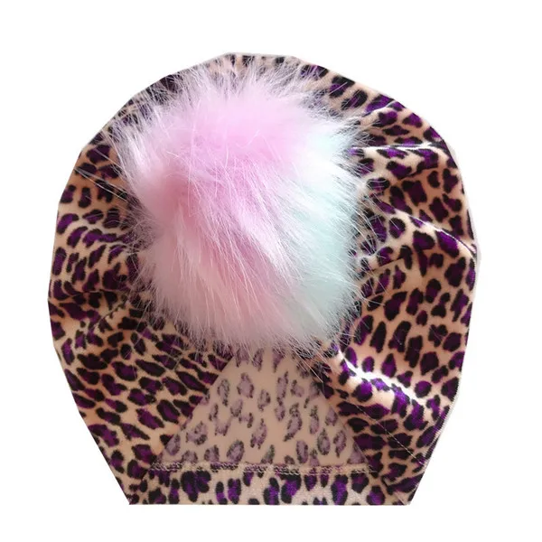 

New Autumn Winter Infant Baby Hat Kids Faux Fur Ball Leopard Colorful Caps Children Flocking Skull Cap Turban Hats
