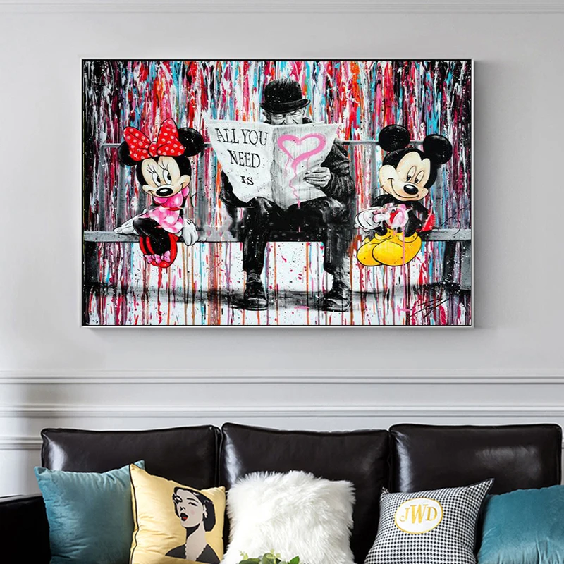 Disney граффити Веселый Микки Маус Wall Art плакат и печать настенные картины холст