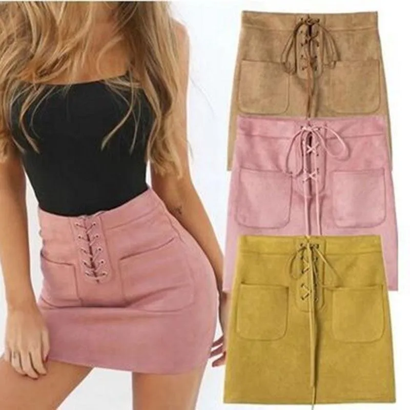 

Women High Waist Skirts Summer Pencil Mini Bodycon Skirt Sexy Suede Lace Up Party Skirt Clubwear Vintage Slim Ladies Skirts