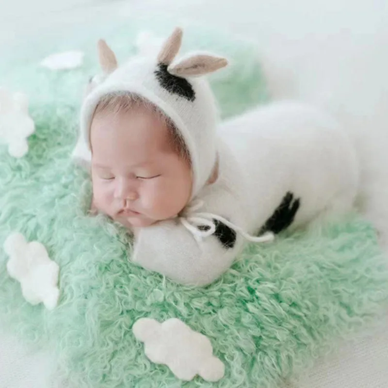 Newborn Photography Accessories Rope Wooden Swing Baby Photo Props Outfit Clothes Boy Mohair Knitted Bodysuit Hat Cow Doll Set