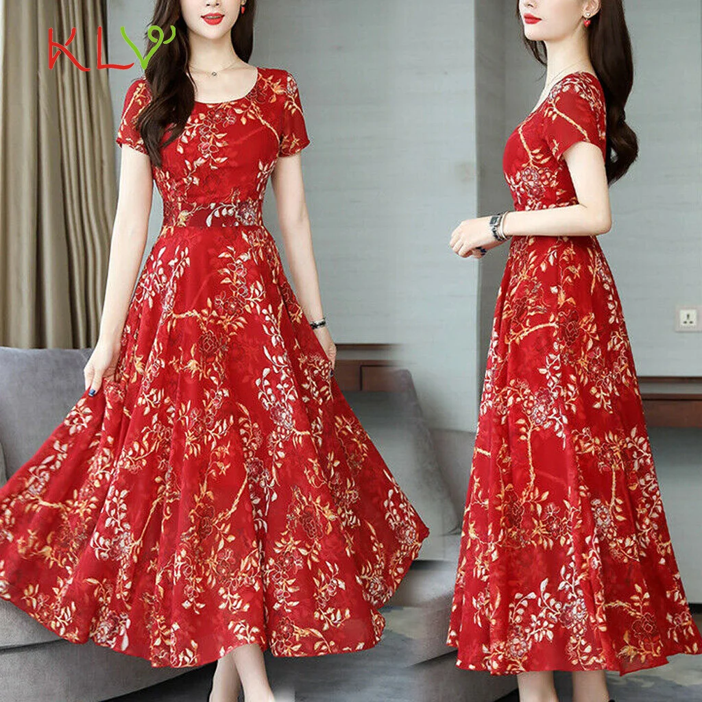 Летнее платье Винтаж синий Цветочный принт короткий рукав Макси платья