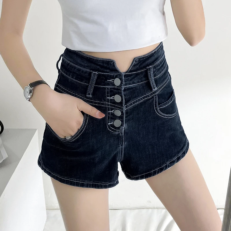 

Шорты женские джинсовые с завышенной талией, Модные Винтажные короткие брюки из денима с широкими штанинами, много пуговиц, уличная одежда, ...