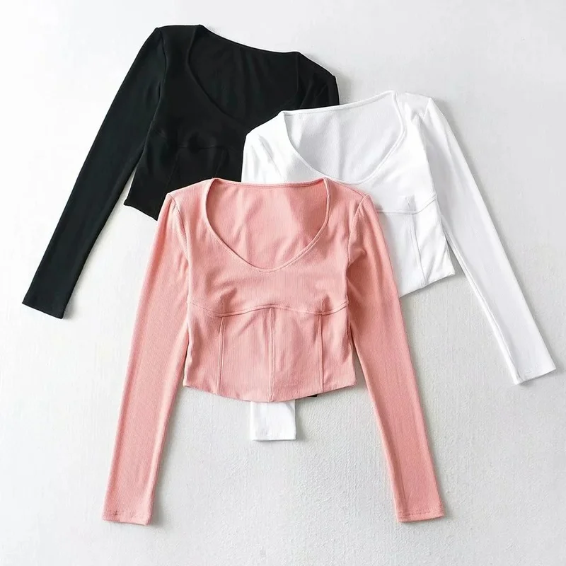 

2021 New Hot Three-dimensional Stitching Vest Line Bottoming Shirt Sexy Stretch Long-sleeved T-shirt Yoga Fitness Stretch Top