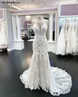 Кружевное свадебное платье-русалка, Прозрачное платье невесты цвета шампанского с аппликацией, круглым вырезом и пуговицами, свадебные платья, реальные фотографии, 2021