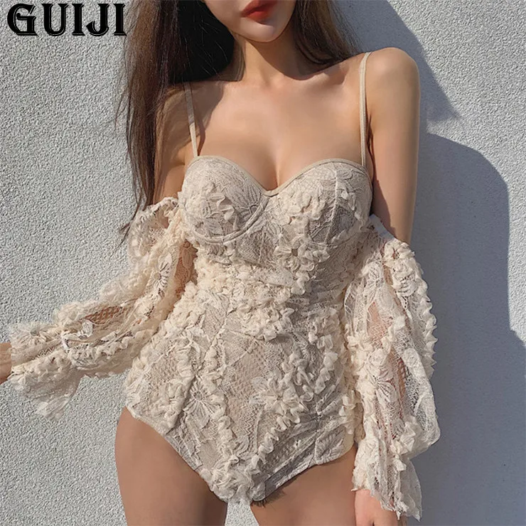 

【GUIJI】Ready Stock 2021 Suit For Women Floral Swimwear High Waisted Bikini Lady Swim Jump Suit For Female Detachable Sleeves