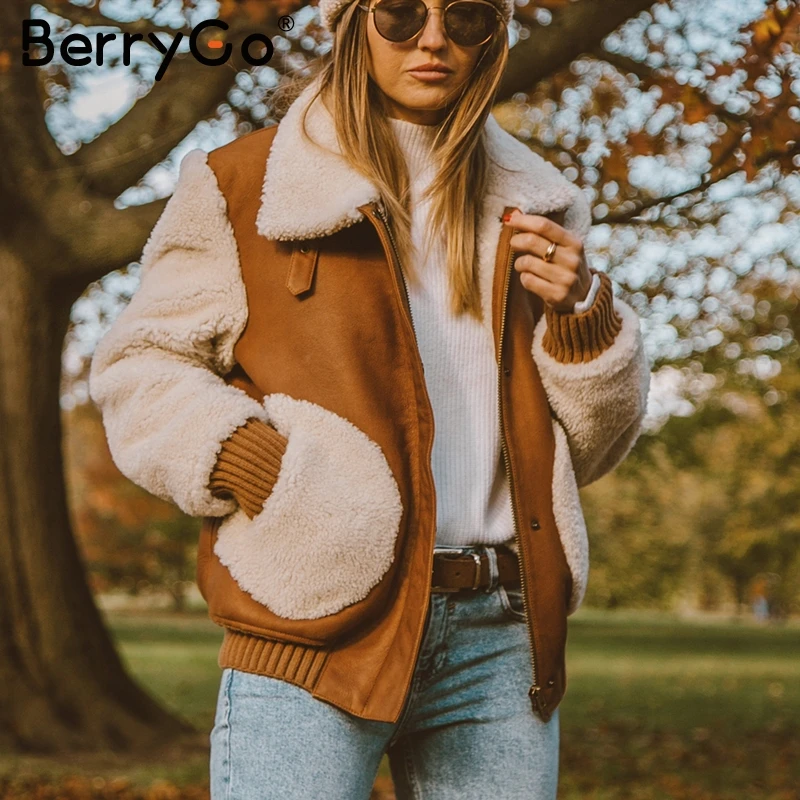 BerryGo Thick faux fur coat women Casual autumn winter patchwork outwear warm coats Long sleeve zipper laides streetwear jackets | Женская