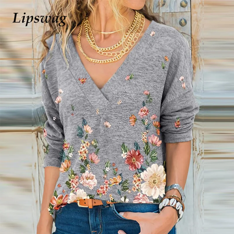 

3XL Casual Spring Long Sleeve Blouse Shirt Female Sexy V Neck Flower Print Blusa 2021 Autumn Loose Women Top Pullover Streetwear