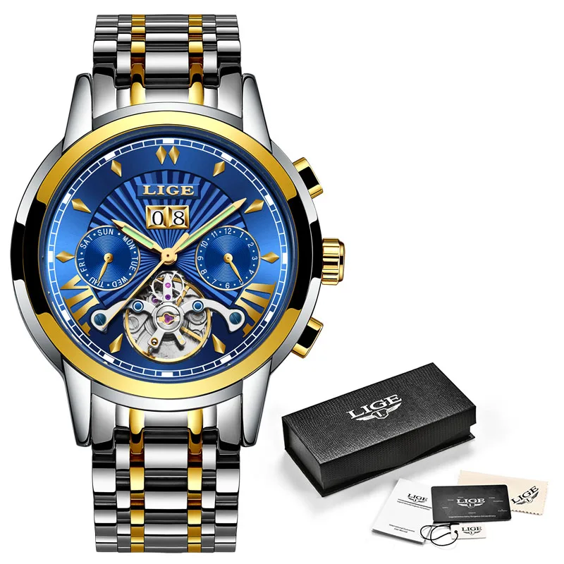 Rose gold blue LIGE мужские s часы Топ люксовый бренд Tourbillon автоматические механические часы мужские водонепроницаемые часы со скелетом Montre Homme+ коробка - Цвет: Rose gold blue