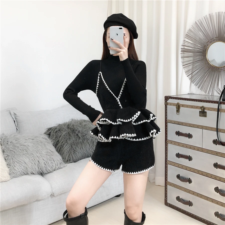 ALPHALMODA, вязаный свитер+ жилет с рюшами+ шорты, Женский Стильный костюм из 3 предметов, новинка, осенне-зимний модный комплект одежды
