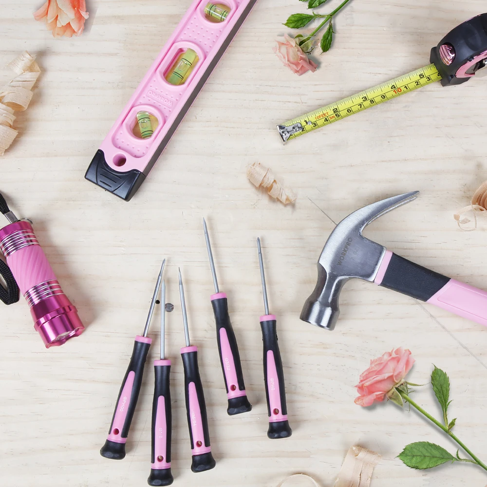 Набор инструментов для дома WORKPRO комплект отверток и фонариков розового цвета 75