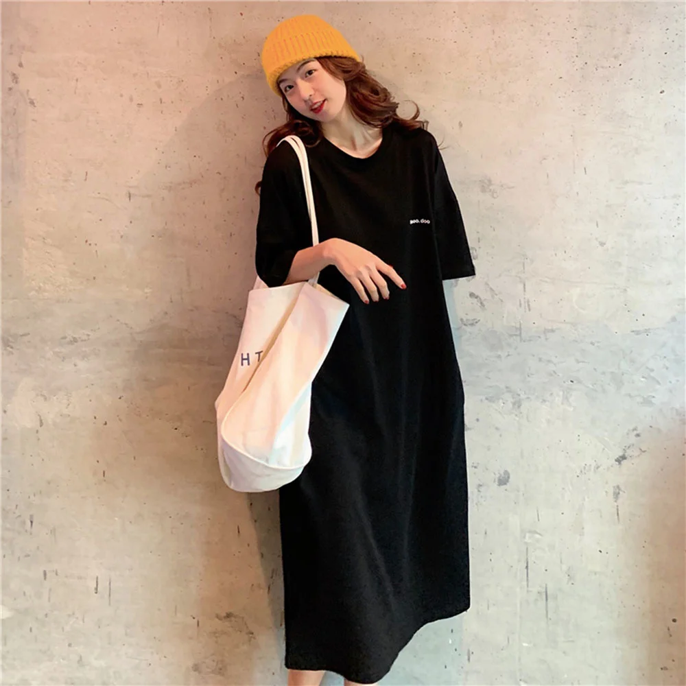 

Korea Style 2021 Summer Fashion Women's Dress Loose Casual Simple Popular Solid Color Pocket Round Neck Summer