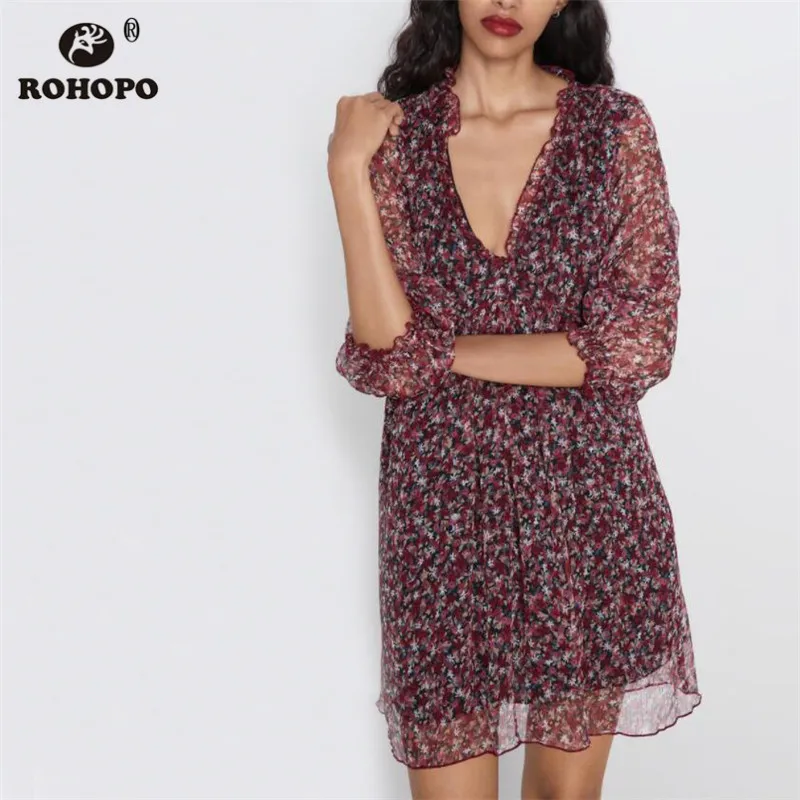 ROHOPO Двухслойное цветочное элегантное средней длины рукав платье оверлок край