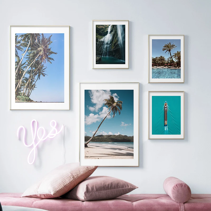 

Tropical Landscape Poster Nordic Wall Art Picture Waterfall Swimming Pool Canvas Painting Coconut Tree Print Living Room Decor