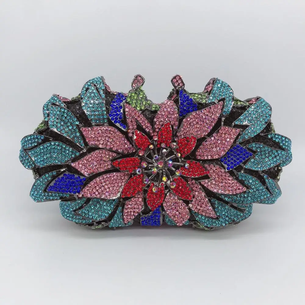 Newest multi color Crystal Diamond Chain Evening Bag Clutch for Women Metal Floral Bridal Shoulder |