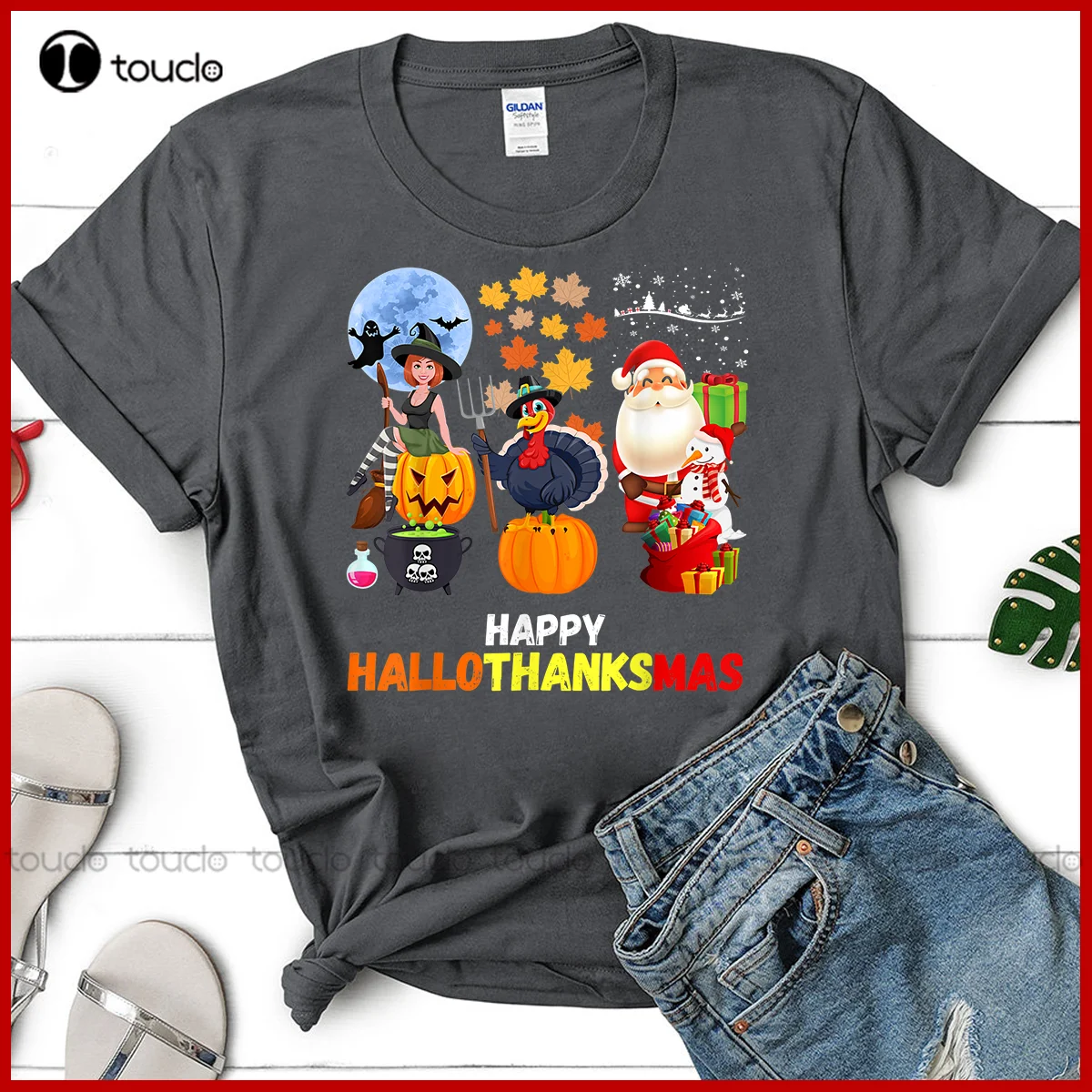 

Happy Hallothanksmas Funny Halloween Thanksgiving Christmas Charcoal T-Shirt Men'S Shirts Casual Custom Aldult Teen Unisex